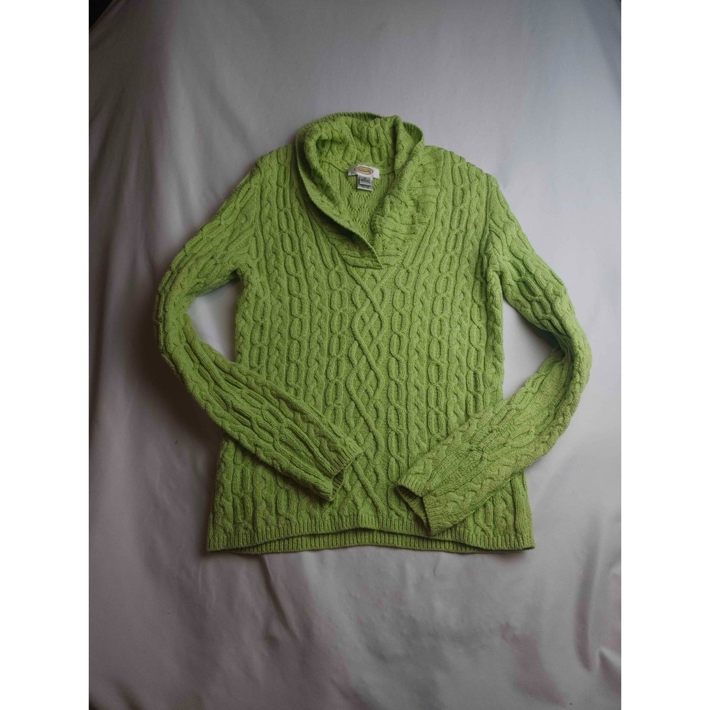 Talbots Sweater Womens Medium Lime Green Knit Cable Shawl Collar Pullover Casual